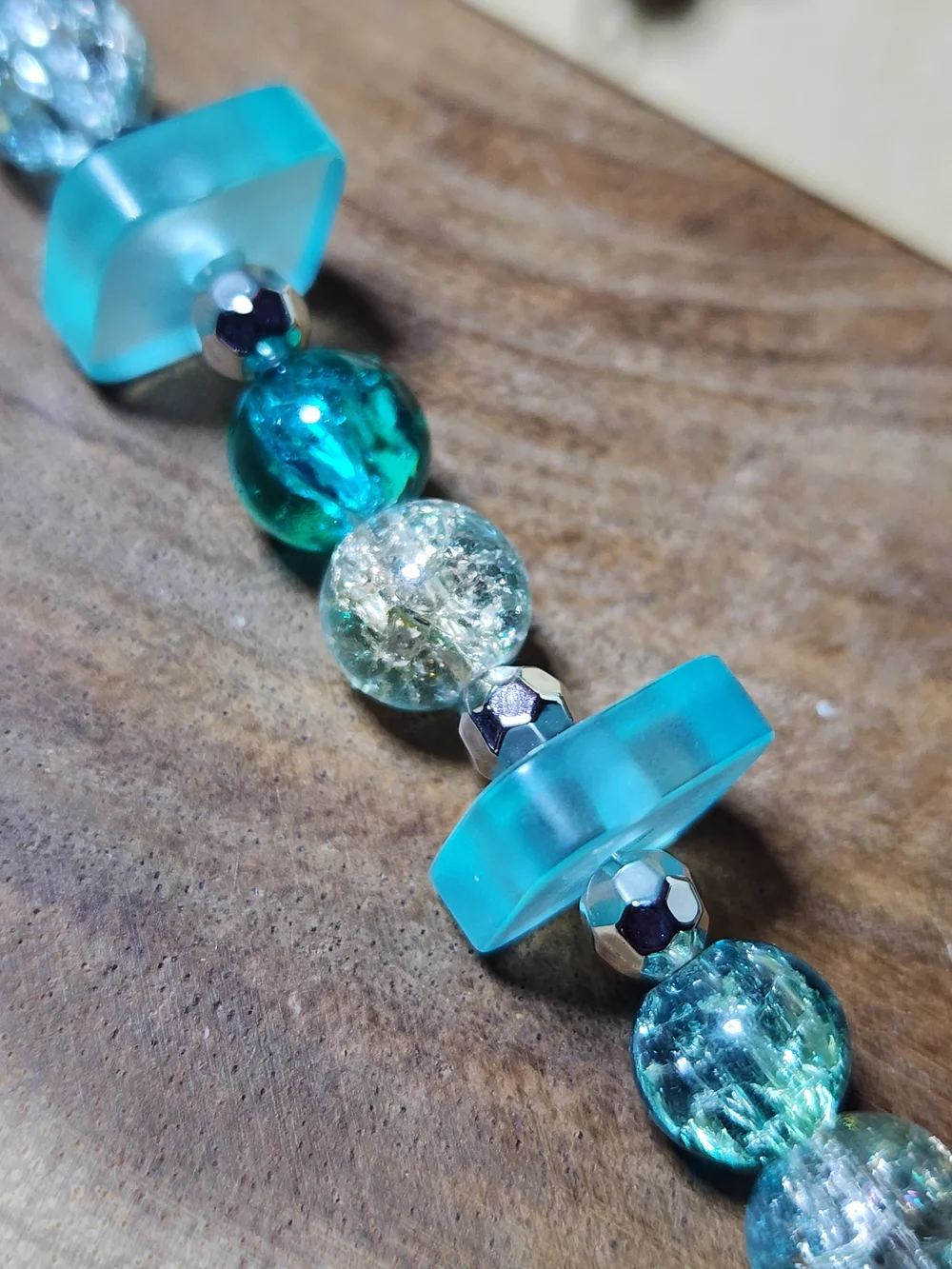 Hand Crafted  Crackled Glass Teal Beaded Bracelet and Earring Set